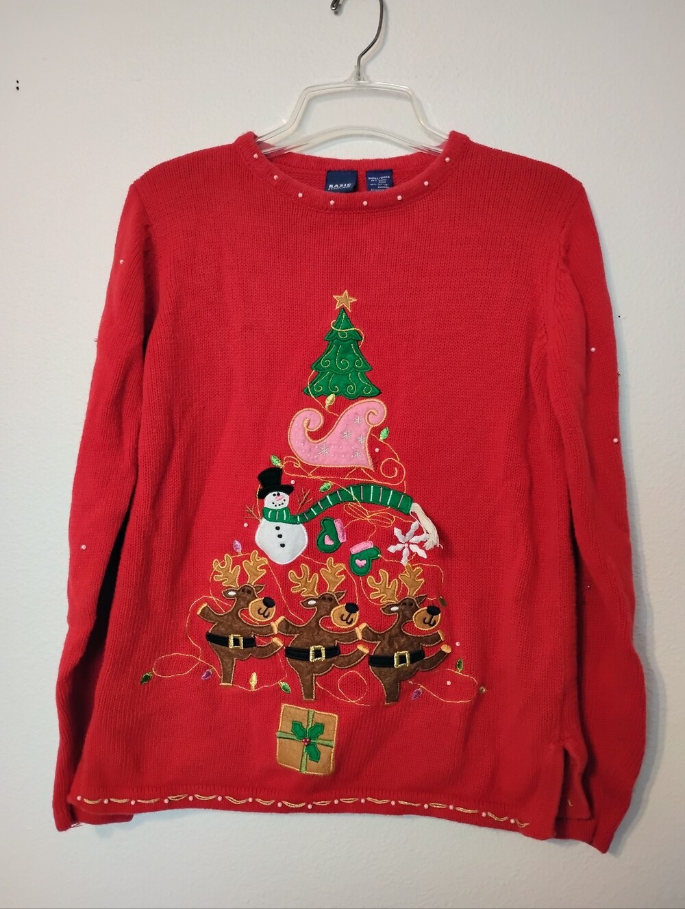 Basic Editions Bead Christmas Tree Dancing Reindeer Snowman Sleigh Ugly Sweater